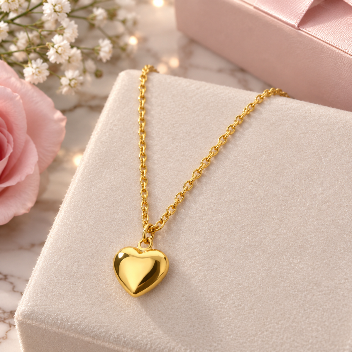 A gold heart pendant necklace on a delicate gold chain, displayed on a cream-colored jewelry box with pink and white flowers in the background.