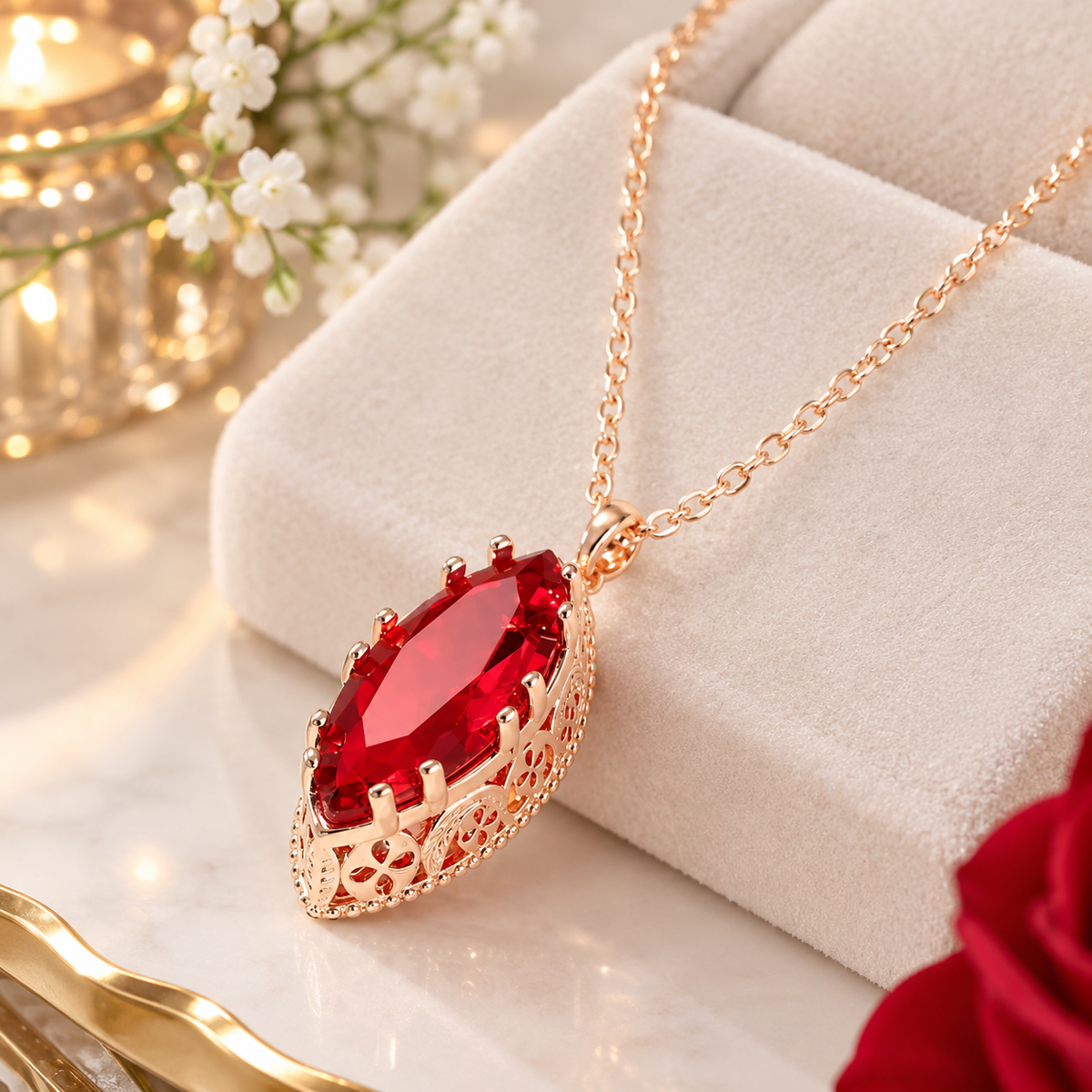 Rose-Gold-Tone Necklace with Red Zirconia Pendant
