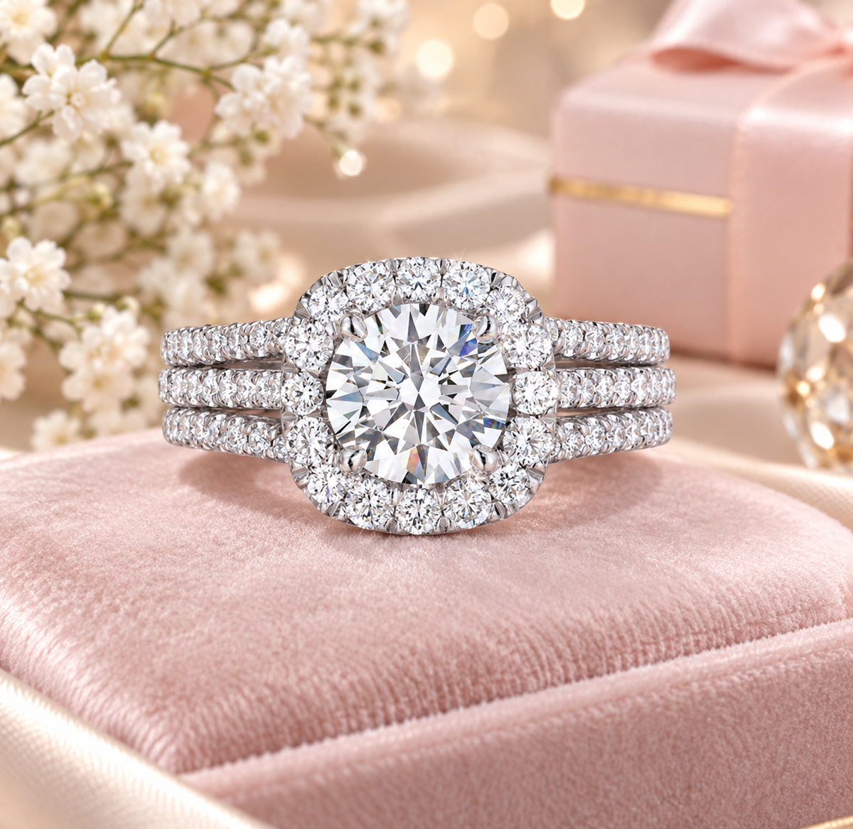 A double-halo diamond engagement ring with a matching pavé band, displayed on a pink velvet ring box with soft floral and gift box background details.