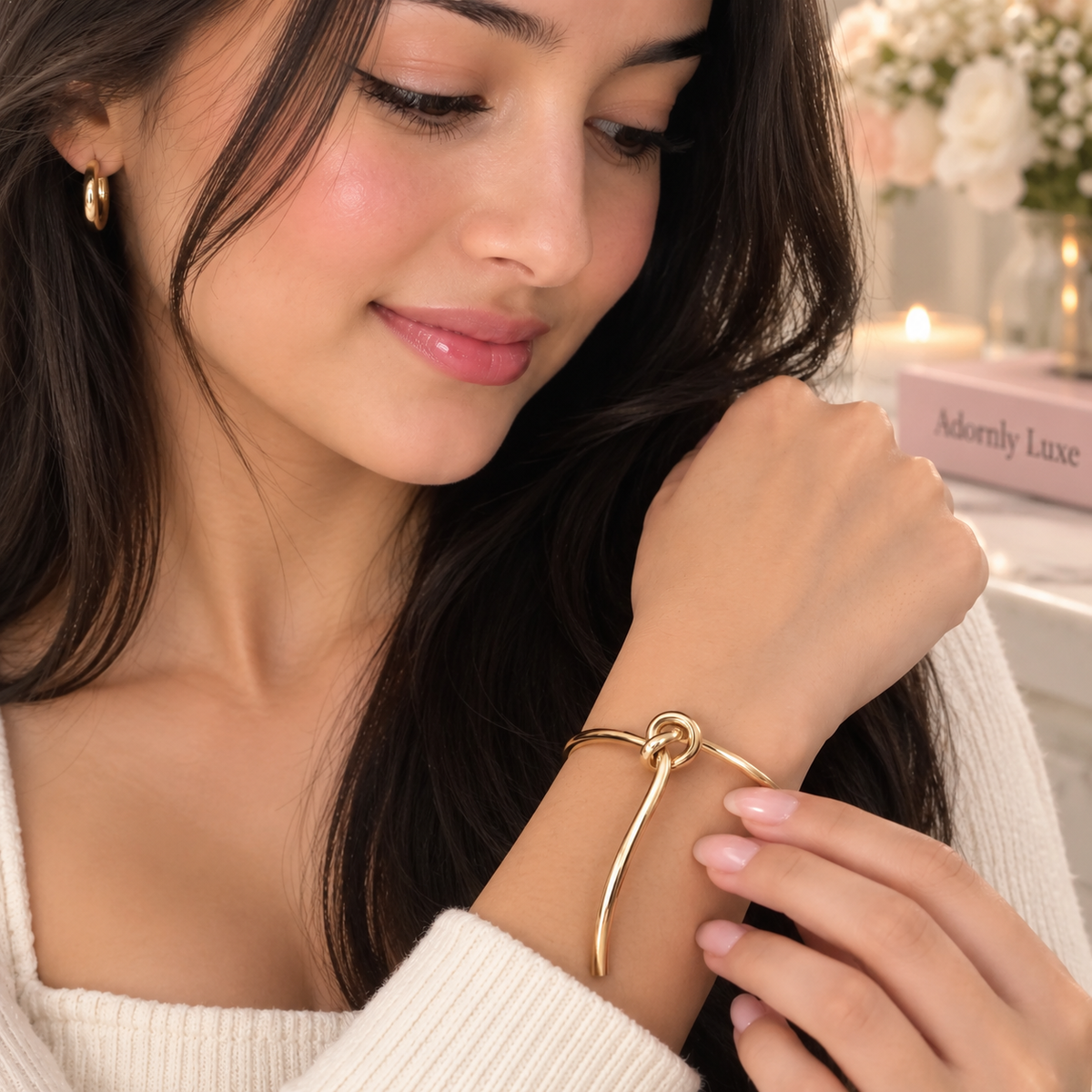 A woman wearing a delicate gold bangle bracelet with a knotted design, shown in a close-up lifestyle shot with a soft-focus background.