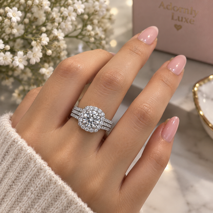 A close-up of a hand wearing a sparkling halo ring with a round center stone and pavé band, set against a soft floral and marble background with a pink Adornly Luxe box visible.
