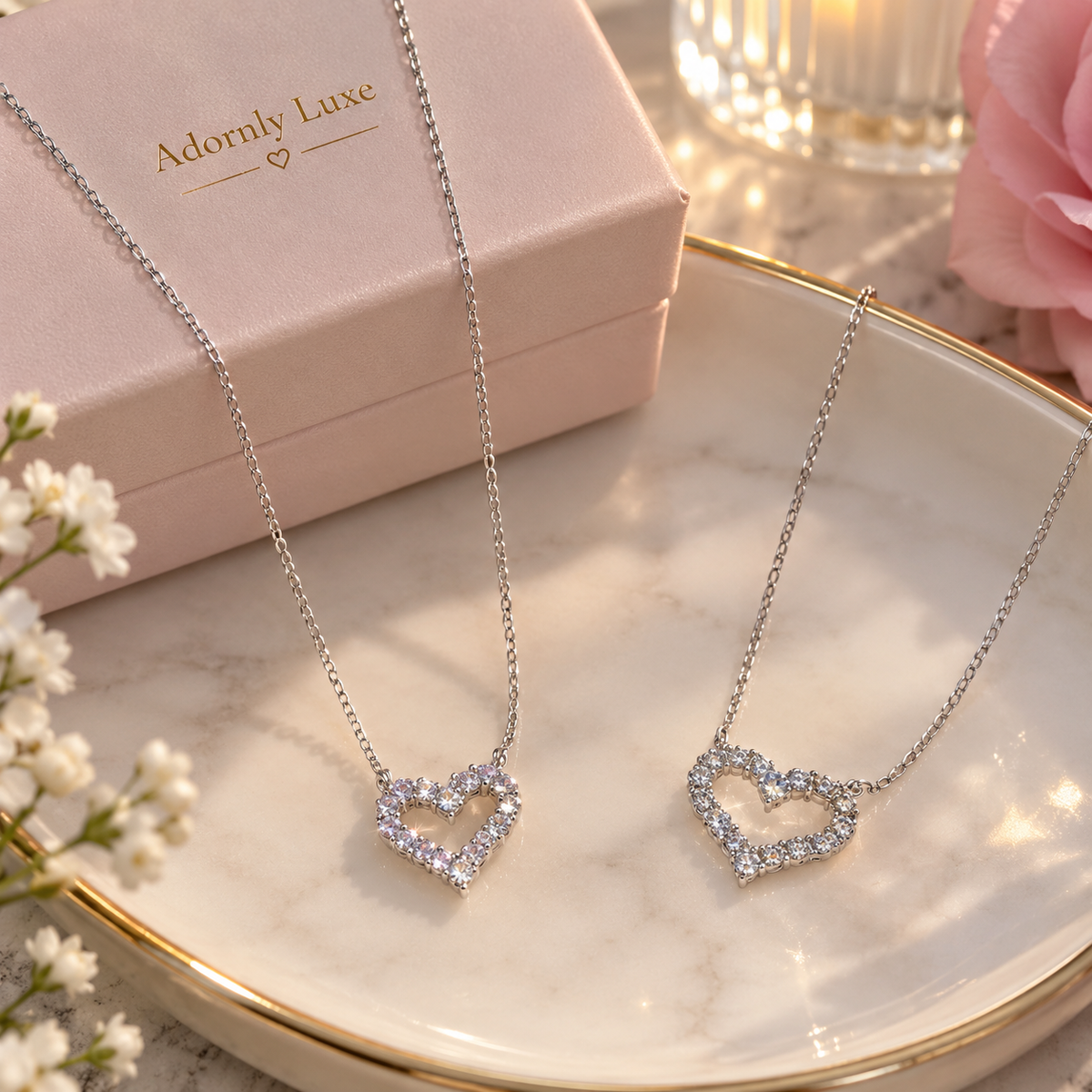 Two silver heart-shaped pendant necklaces with clear rhinestones are displayed on a marble tray next to a pink gift box branded 'Adornly Luxe.
