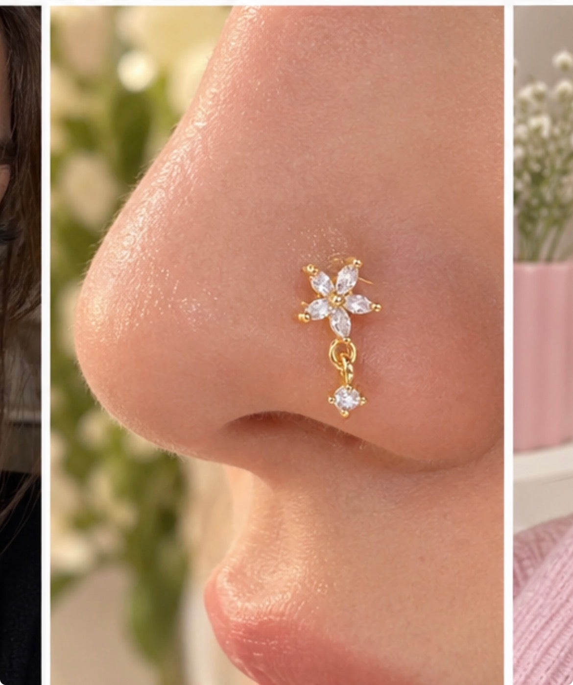 Close-up of a gold-tone nose stud worn on a nostril, featuring a five-petal clear-stone flower and a dangling round clear stone.
