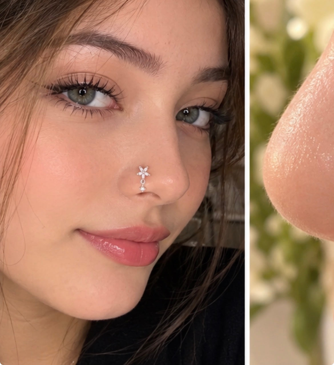 A close-up split image showing a woman wearing a small silver nose pin on her left nostril, with a second close-up panel on the right highlighting the nose area to demonstrate the product's scale.