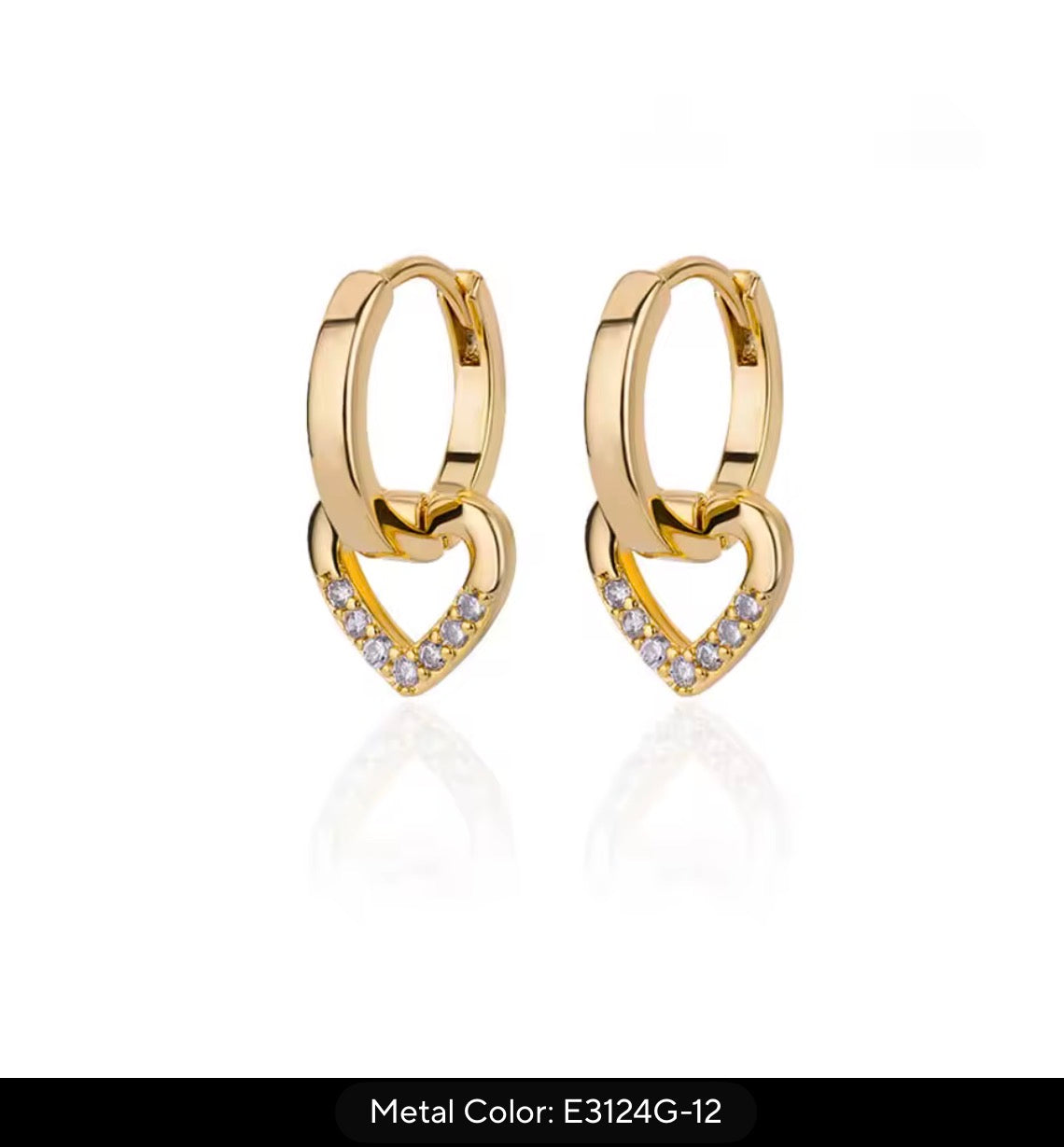 Gold-Tone Heart Dangle Hoop Earrings with Zircon Detail