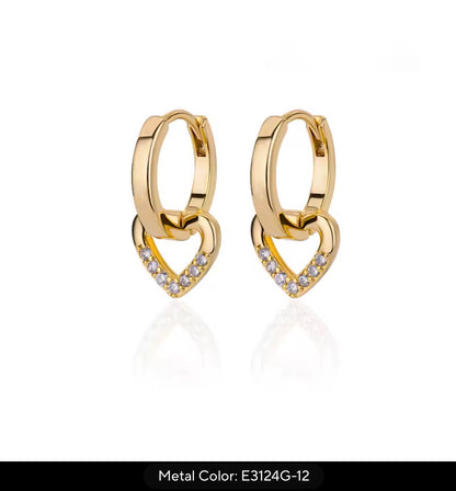 Gold-Tone Heart Dangle Hoop Earrings with Zircon Detail