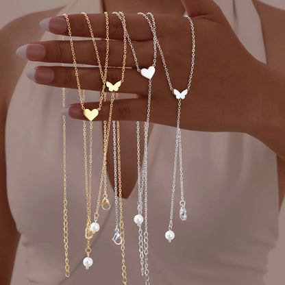 Elegant Heart Butterfly Charm Necklace - Perfect Y Necklace Gift for Her!