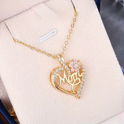 Elegant Mom Heart Pendant Necklace with Rose Gift Box - Perfect Romantic Gift for Mom's Birthday & Christmas 2024 - Fashionable Luxury Zircon Jewelry