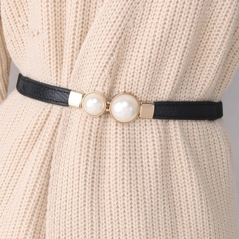 Stylish Elastic Pearl Buckle PU Leather Belt for Women - Perfect for Dresses and Skirts