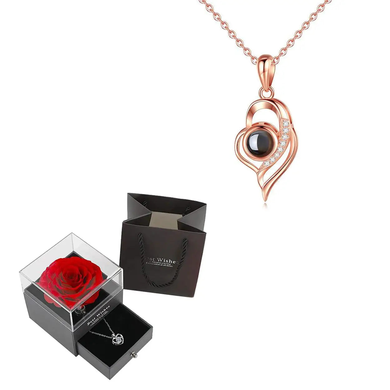 Projection Necklace Set in Rose Gift Box - Heart Pendant Jewelry Featuring "I Love You" in 100 Languages for Girlfriend - 2024 Gift Collection - Dropshipping Available