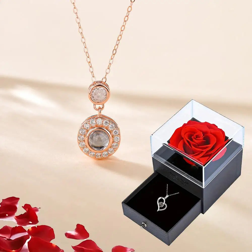 Projection Necklace Set in Rose Gift Box - Heart Pendant Jewelry Featuring "I Love You" in 100 Languages for Girlfriend - 2024 Gift Collection - Dropshipping Available