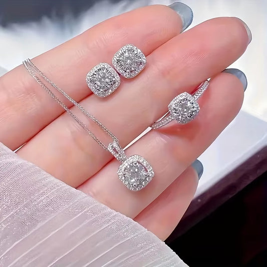 1PC Luxury Cube Jewelry Set, Women'S Elegant Necklace, Earrings & Ring Set, Perfect Gift for Valentine'S Day, Christmas Gift, Bi