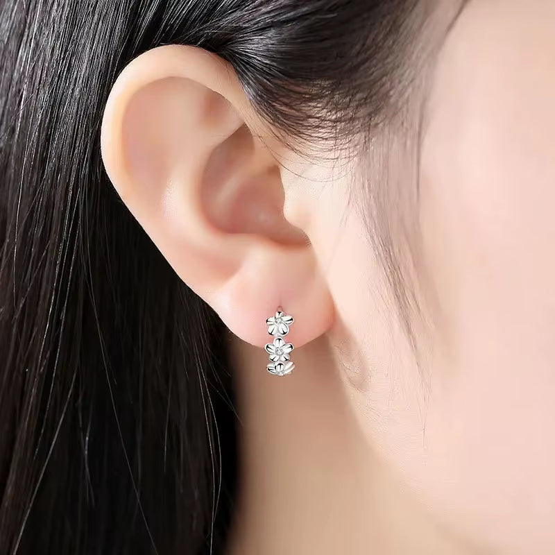 925 Sterling Silver Needle Earrings for Women'S Wedding Fashion High Quality Jewelry Crystal Zircon Flower Cute Stud