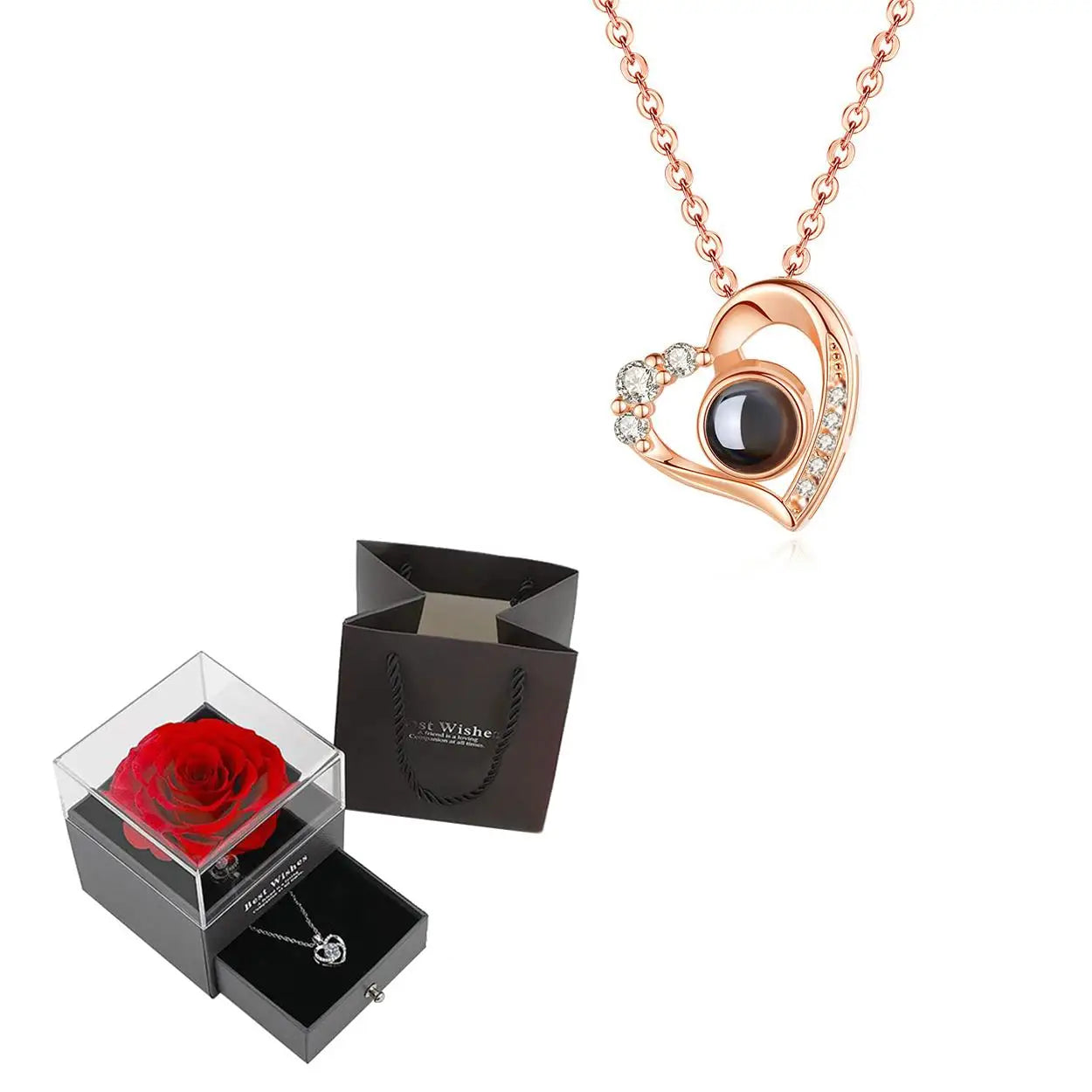 Projection Necklace Set in Rose Gift Box - Heart Pendant Jewelry Featuring "I Love You" in 100 Languages for Girlfriend - 2024 Gift Collection - Dropshipping Available
