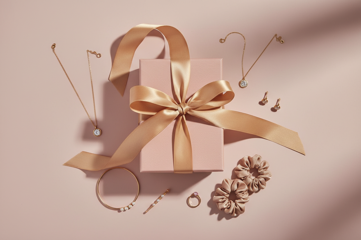 Blush Pink & Gold Gift Box Flat Lay