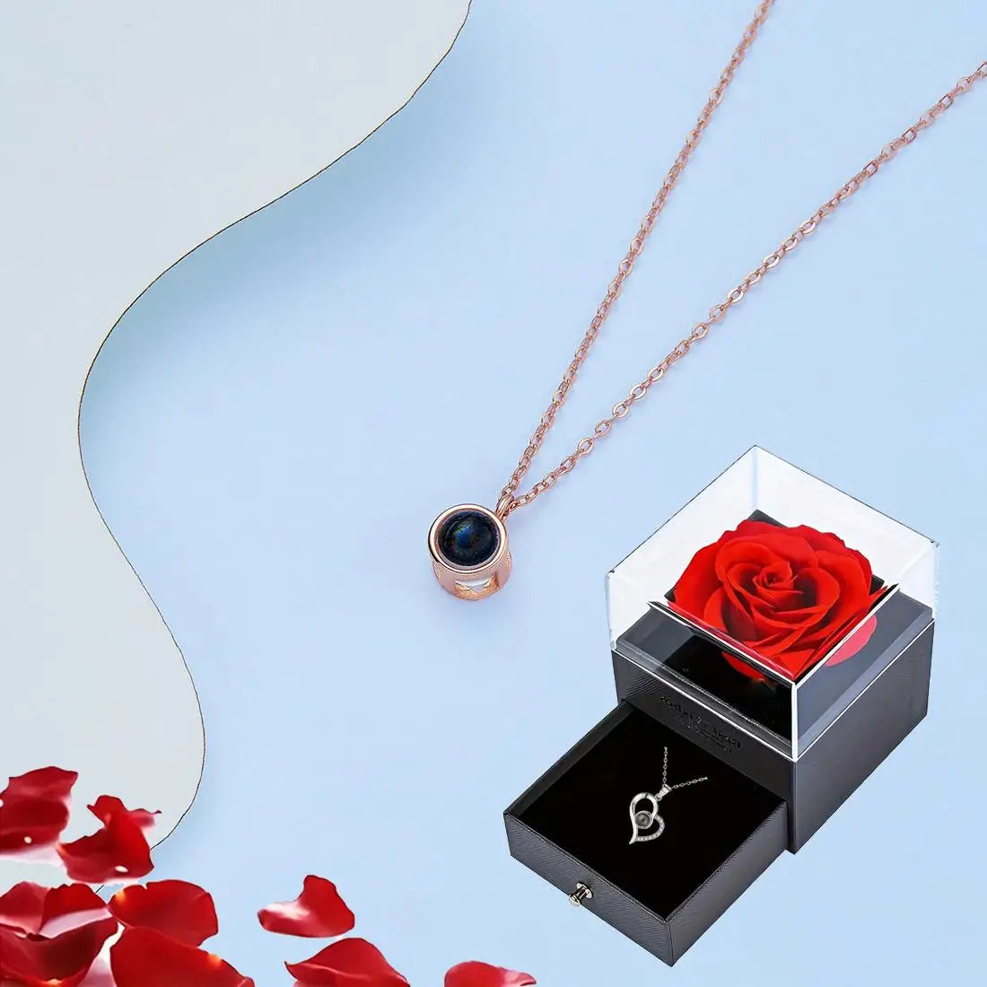 Projection Necklace Set in Rose Gift Box - Heart Pendant Jewelry Featuring "I Love You" in 100 Languages for Girlfriend - 2024 Gift Collection - Dropshipping Available