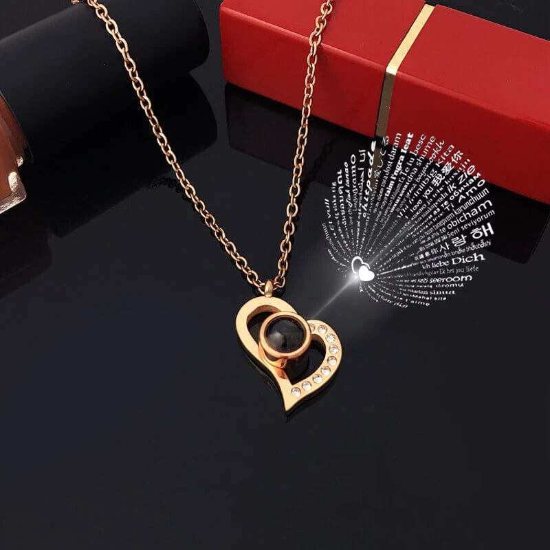 Projection Necklace Set in Rose Gift Box - Heart Pendant Jewelry Featuring "I Love You" in 100 Languages for Girlfriend - 2024 Gift Collection - Dropshipping Available