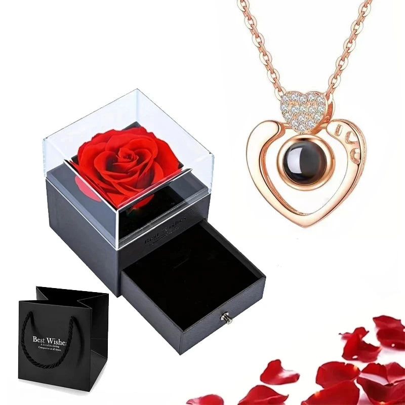 Projection Necklace Set in Rose Gift Box - Heart Pendant Jewelry Featuring "I Love You" in 100 Languages for Girlfriend - 2024 Gift Collection - Dropshipping Available