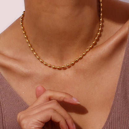 Chic 18K Gold Plated Stainless Steel Oval Beaded Choker Necklace - Stunning Fashion Jewelry for Women