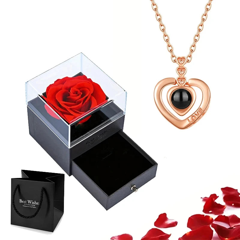 Projection Necklace Set in Rose Gift Box - Heart Pendant Jewelry Featuring "I Love You" in 100 Languages for Girlfriend - 2024 Gift Collection - Dropshipping Available
