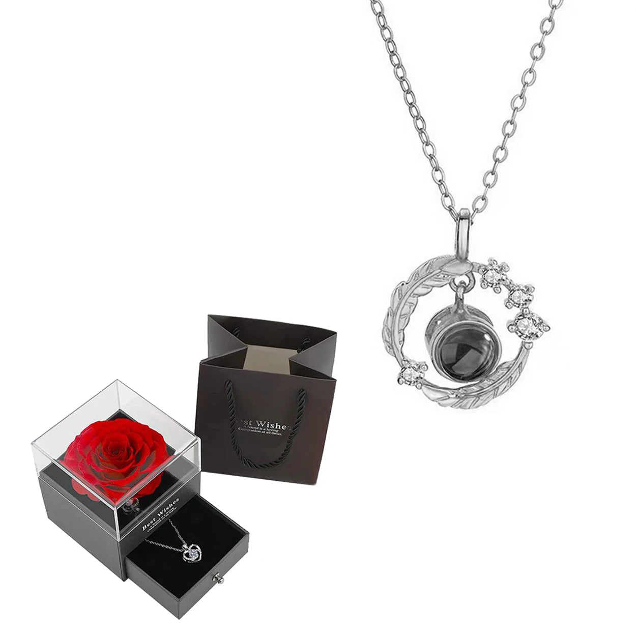 Projection Necklace Set in Rose Gift Box - Heart Pendant Jewelry Featuring "I Love You" in 100 Languages for Girlfriend - 2024 Gift Collection - Dropshipping Available