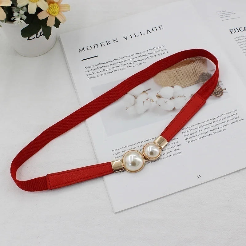 Stylish Elastic Pearl Buckle PU Leather Belt for Women - Perfect for Dresses and Skirts