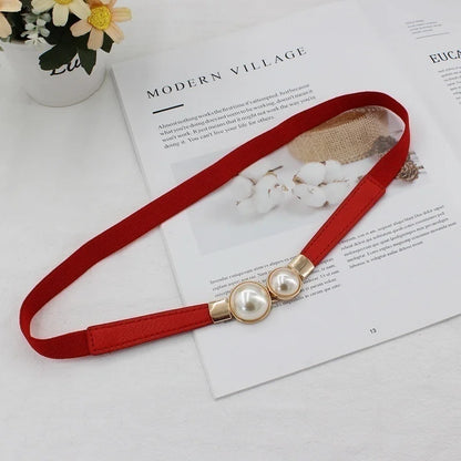 Stylish Elastic Pearl Buckle PU Leather Belt for Women - Perfect for Dresses and Skirts