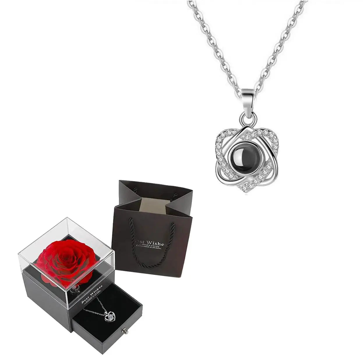 Projection Necklace Set in Rose Gift Box - Heart Pendant Jewelry Featuring "I Love You" in 100 Languages for Girlfriend - 2024 Gift Collection - Dropshipping Available