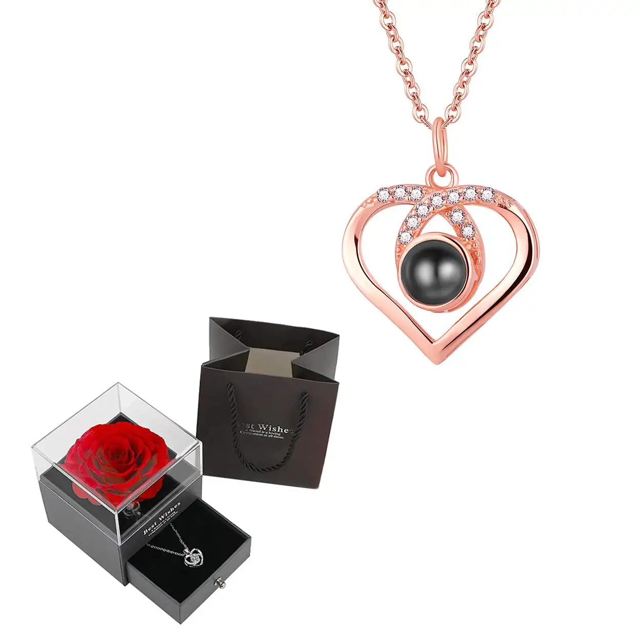 Projection Necklace Set in Rose Gift Box - Heart Pendant Jewelry Featuring "I Love You" in 100 Languages for Girlfriend - 2024 Gift Collection - Dropshipping Available