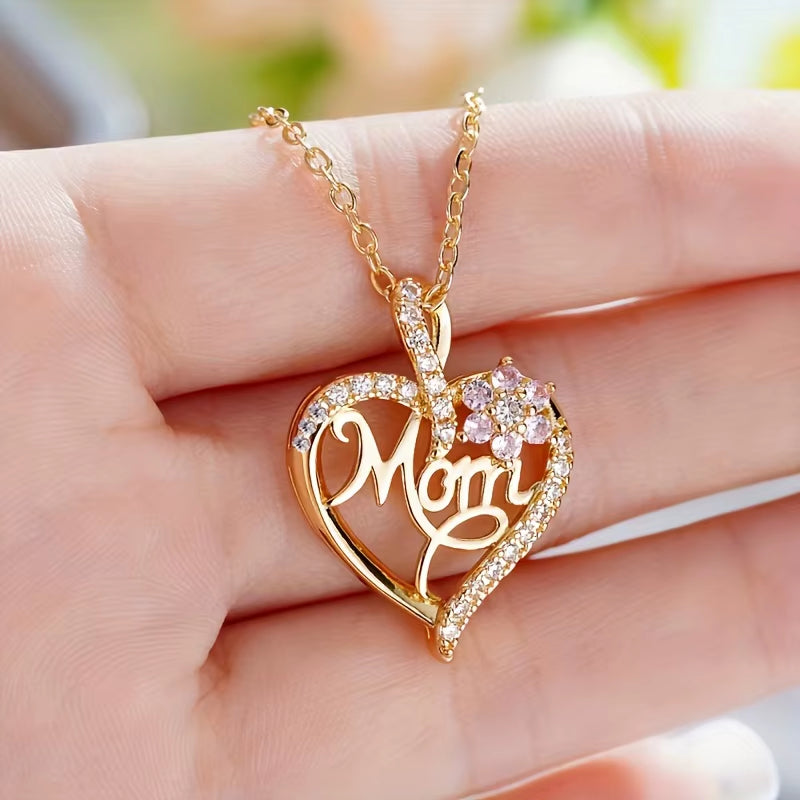 Elegant Mom Heart Pendant Necklace with Rose Gift Box - Perfect Romantic Gift for Mom's Birthday & Christmas 2024 - Fashionable Luxury Zircon Jewelry