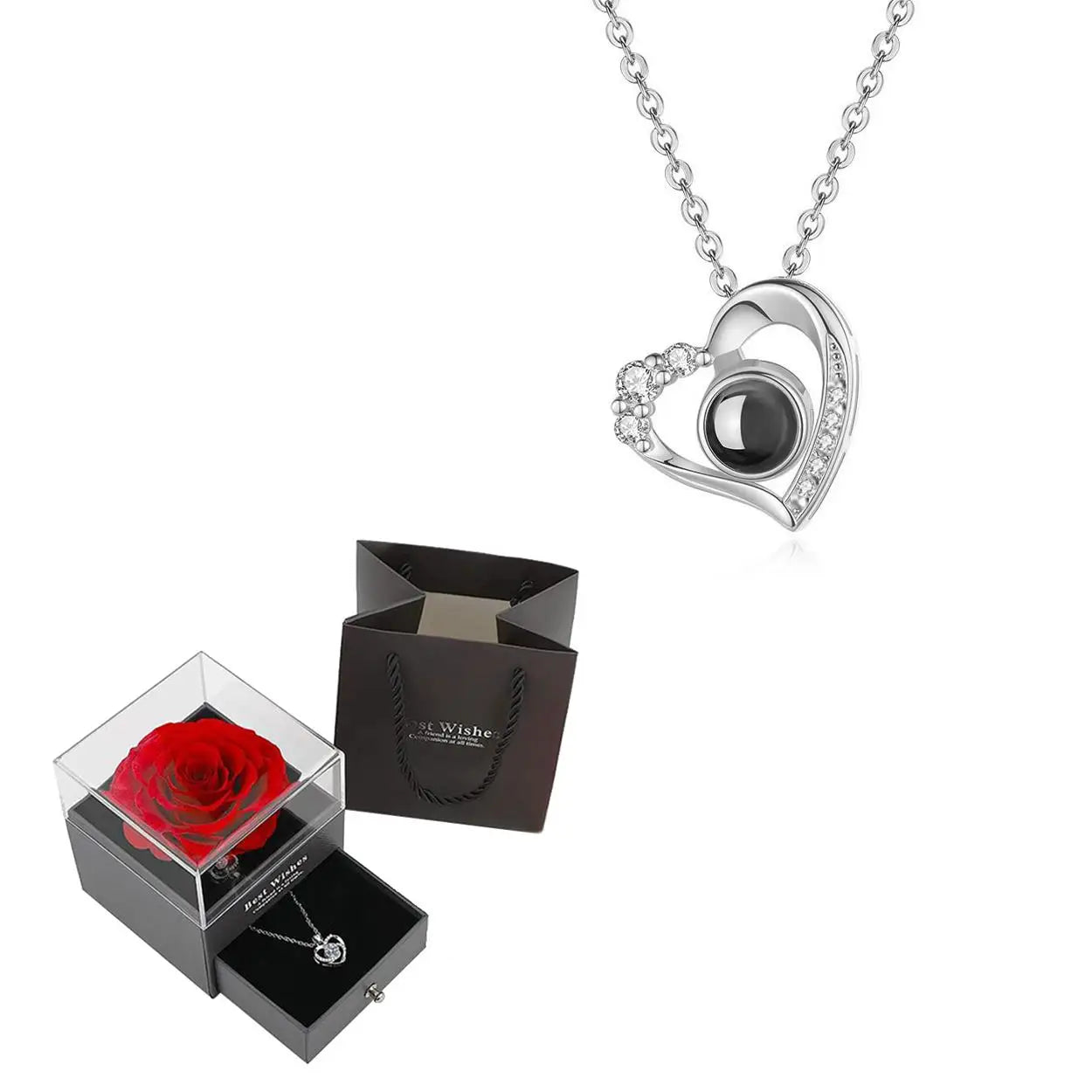 Projection Necklace Set in Rose Gift Box - Heart Pendant Jewelry Featuring "I Love You" in 100 Languages for Girlfriend - 2024 Gift Collection - Dropshipping Available