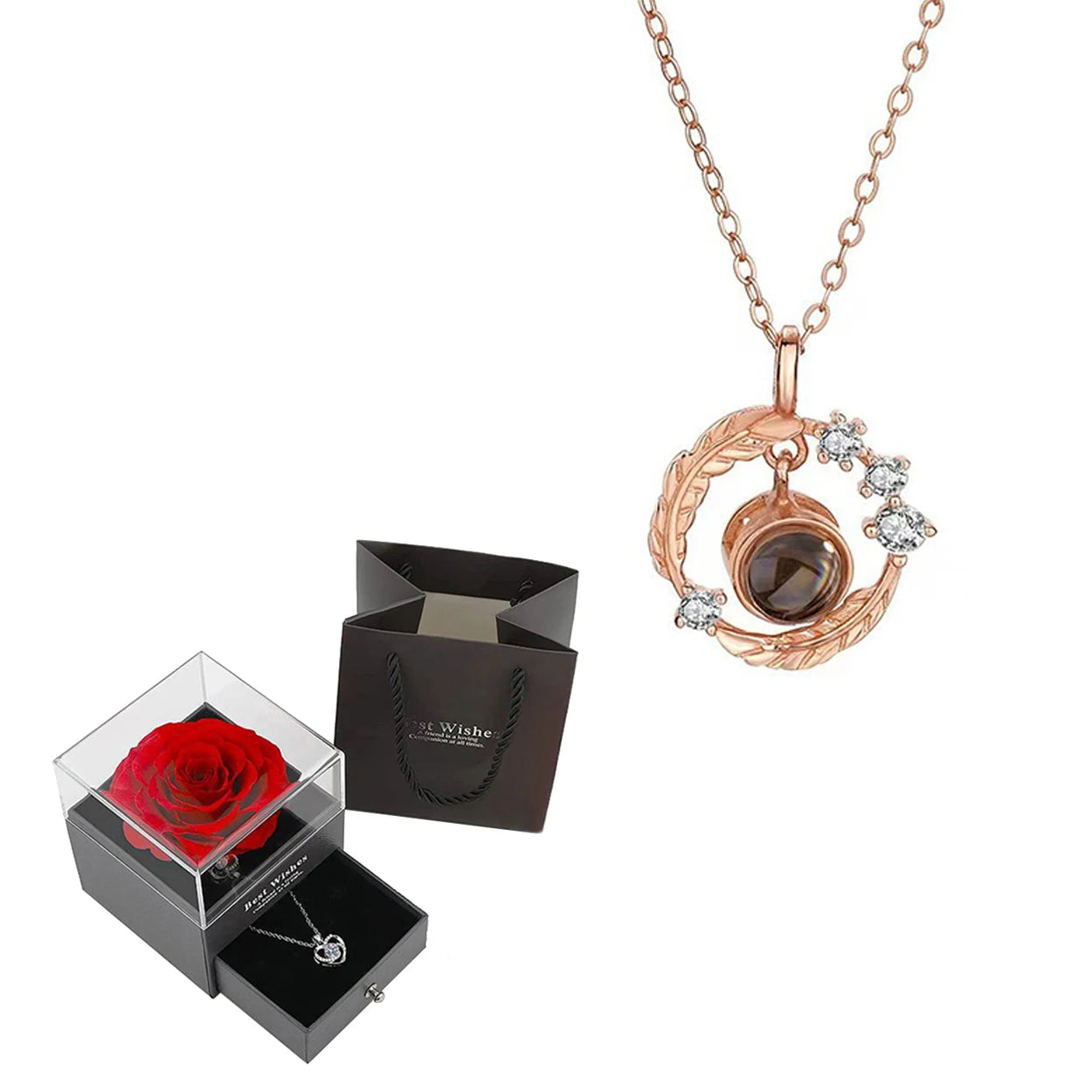 Projection Necklace Set in Rose Gift Box - Heart Pendant Jewelry Featuring "I Love You" in 100 Languages for Girlfriend - 2024 Gift Collection - Dropshipping Available